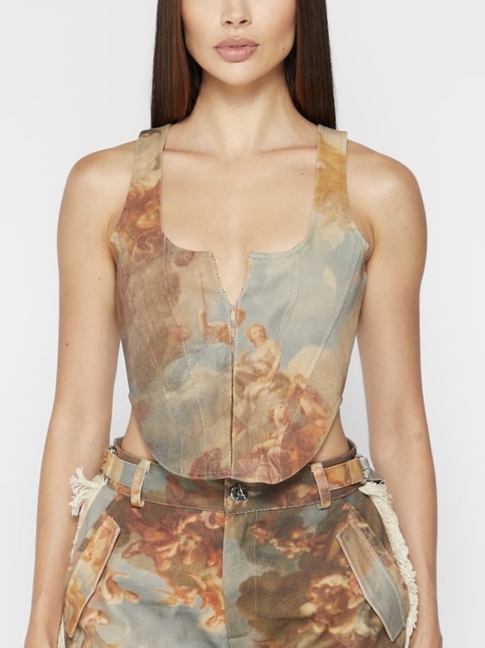 Maniere De Voir Multicolor Painterly Print Corset Top - Blue, Brown, Cream